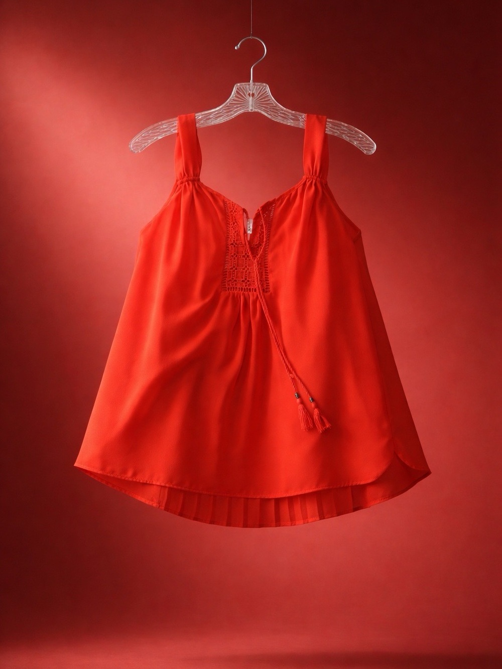 DR2 Red Crochet-Front Sleeveless Top with Tie